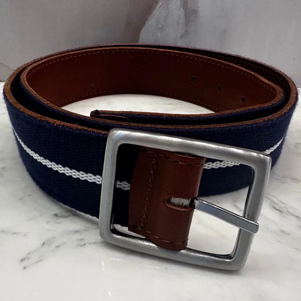 Navy Blue White Stripe Webbed Belt Italian 100% Leather Back Men 34 Coastal Prep